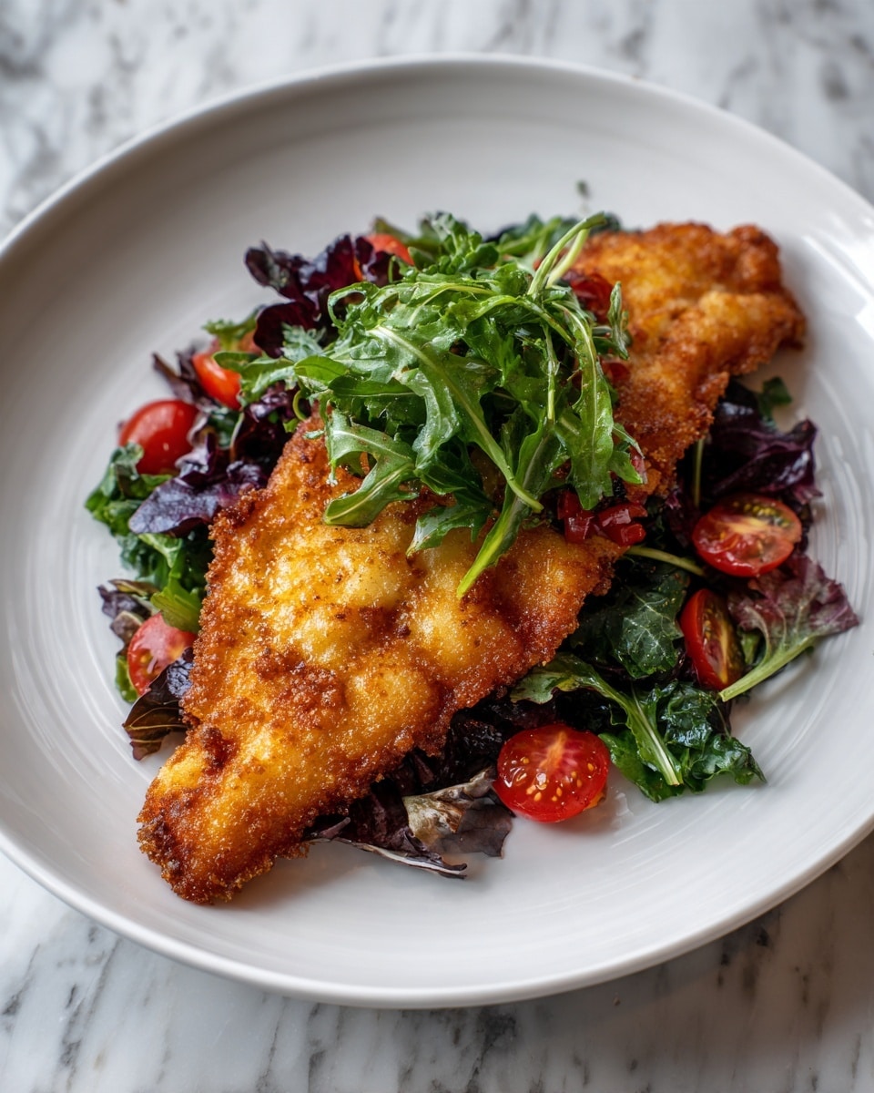 A thick piece of golden brown crispy fried fish sits on top of fresh leafy greens with mixed purple and green colors on a white plate. Around the fish, there are bright red cherry tomatoes, some whole and some sliced in half, adding a juicy look. On top of the fish, a small bunch of fresh green leaves garnishes the dish. The plate is on a white marbled surface. Photo taken with an iphone --ar 4:5 --v 7