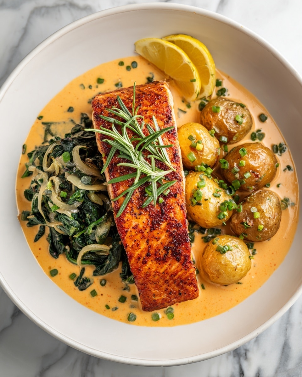 A white bowl on a white marbled surface holds a dish with three main layers. The bottom layer is a rich, creamy orange sauce that covers the whole bowl. On the left side, there is a small serving of cooked green spinach mixed with light brown caramelized onions, covered partly by the sauce. On the right side, there are golden-brown roasted baby potatoes, sprinkled with fresh green herbs and small red spice flakes, placed near two lemon wedges at the edge of the bowl. In the center lies a large grilled salmon fillet with a crispy, slightly charred surface, topped with thin green rosemary leaves. The dish looks warm and inviting. photo taken with an iphone --ar 4:5 --v 7