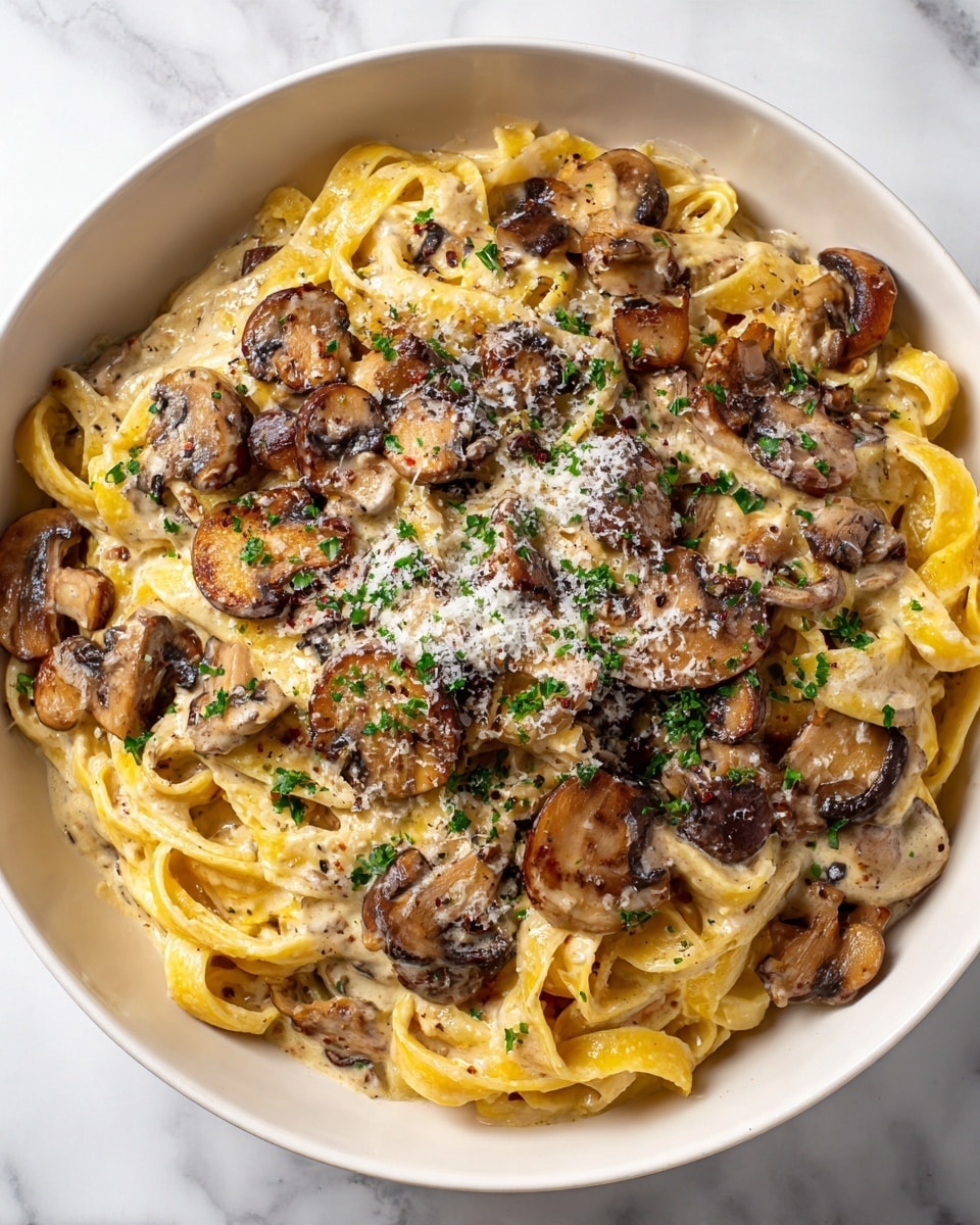A white bowl filled with creamy yellow pasta noodles twisted into a nest shape forms the base layer. On top, scattered browned mushroom slices with a glossy, slightly crisp edge add a deep brown and beige texture. The dish is lightly sprinkled with grated white cheese and small green parsley flakes, giving a fresh contrast. The bowl sits on a white marbled surface, enhancing the warm and inviting look of the meal. photo taken with an iphone --ar 4:5 --v 7