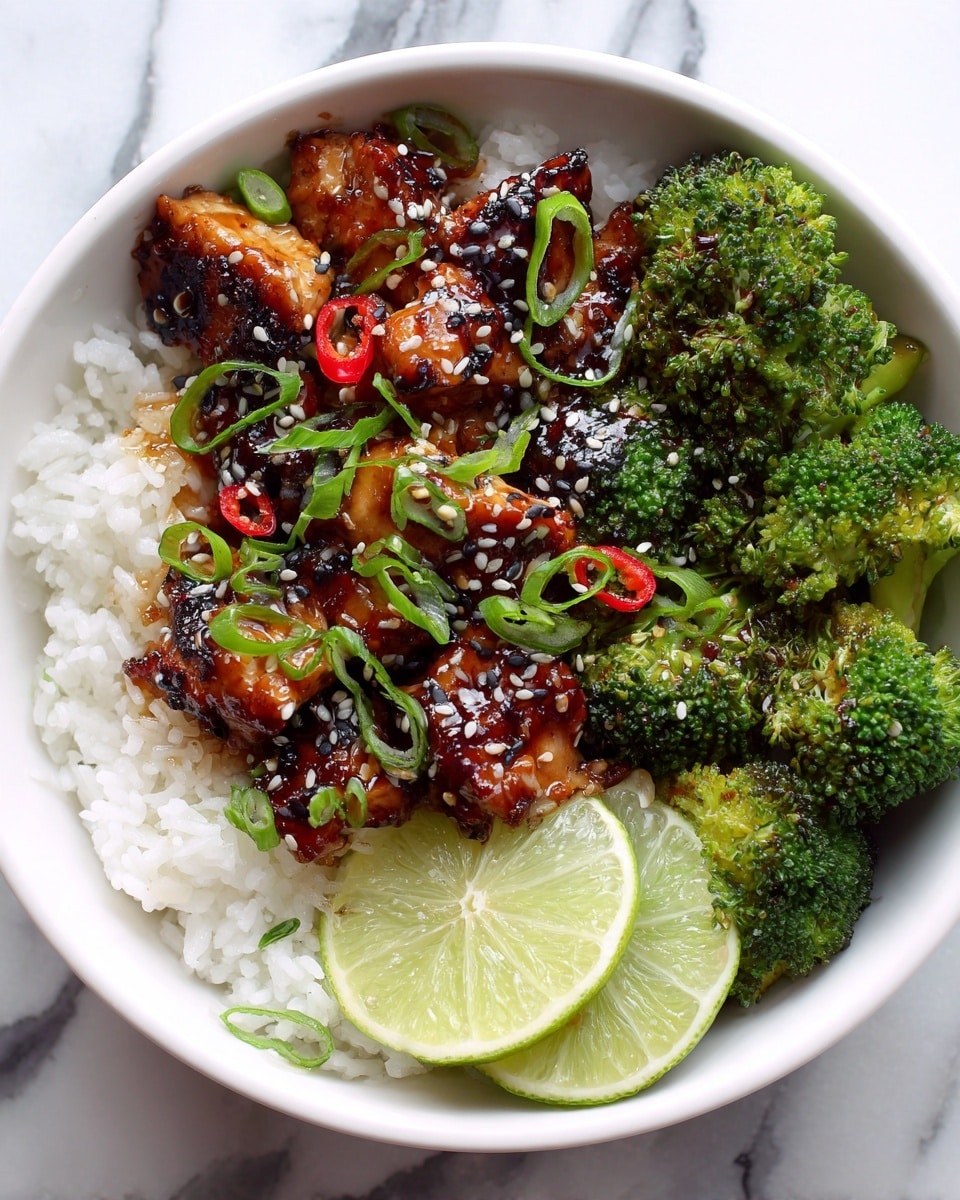 A bowl with three main layers, starting with a base of white steamed rice with soft, separated grains filling the bottom. On top of the rice, there are slices of grilled chicken with a shiny, dark brown glaze and a slightly charred texture, sprinkled with white and black sesame seeds. On the right side of the bowl, bright green steamed broccoli florets with a fresh look are mixed with slices of red chili pepper scattered on top for color contrast. A half slice of lime sits near the broccoli, showing a detailed light green interior. The bowl is placed on a white marbled surface. photo taken with an iphone --ar 4:5 --v 7