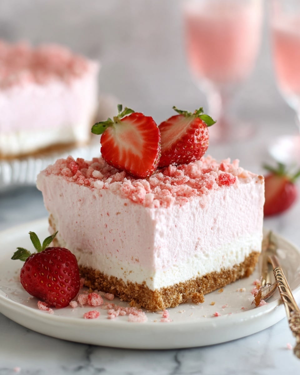 A slice of light pink cheesecake sits on a white plate, showing three layers: a crumbly golden brown crust at the bottom, a thick smooth pale pink creamy middle layer, and a topping of crushed reddish crumbs with two fresh halved strawberries placed on top. The background shows more of the round cheesecake and two transparent pink glasses on a white marbled surface. The focus is on the front slice with soft natural light highlighting its textures. Photo taken with an iphone --ar 4:5 --v 7