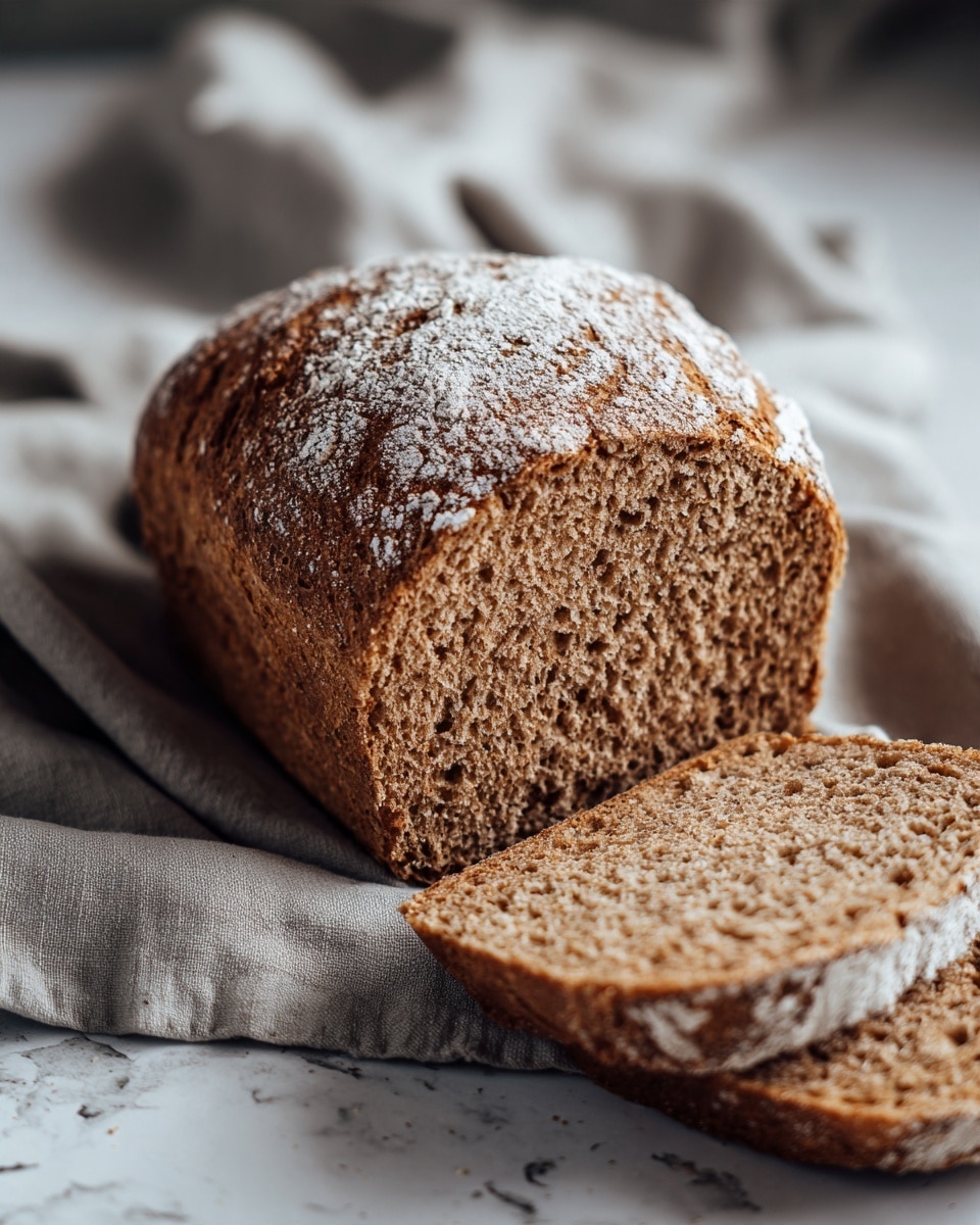 The image shows a loaf of brown bread with a rough and slightly cracked texture on top, sprinkled with white flour. The loaf is partially sliced, with two thick slices lying flat in front of it, revealing a dense, coarse inside. The bread rests on a soft beige cloth that folds gently beneath it, all placed on a white marbled surface. The lighting is soft, creating a warm and cozy feel. Photo taken with an iphone --ar 4:5 --v 7