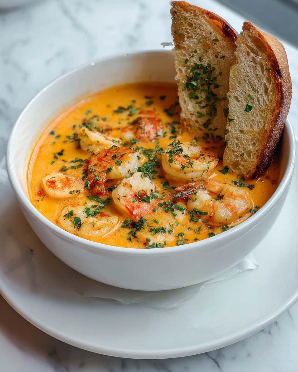 A white bowl filled with a creamy orange shrimp soup, showing whole small shrimp with orange tails and white fleshy bodies floating on top. The soup is smooth with small bits of herbs sprinkled over it, adding flecks of dark green color. Two thick, golden-brown slices of bread rest inside the bowl at the back, slightly soaked by the soup. The bowl sits on a white plate, placed on a white marbled surface. Photo taken with an iphone --ar 4:5 --v 7