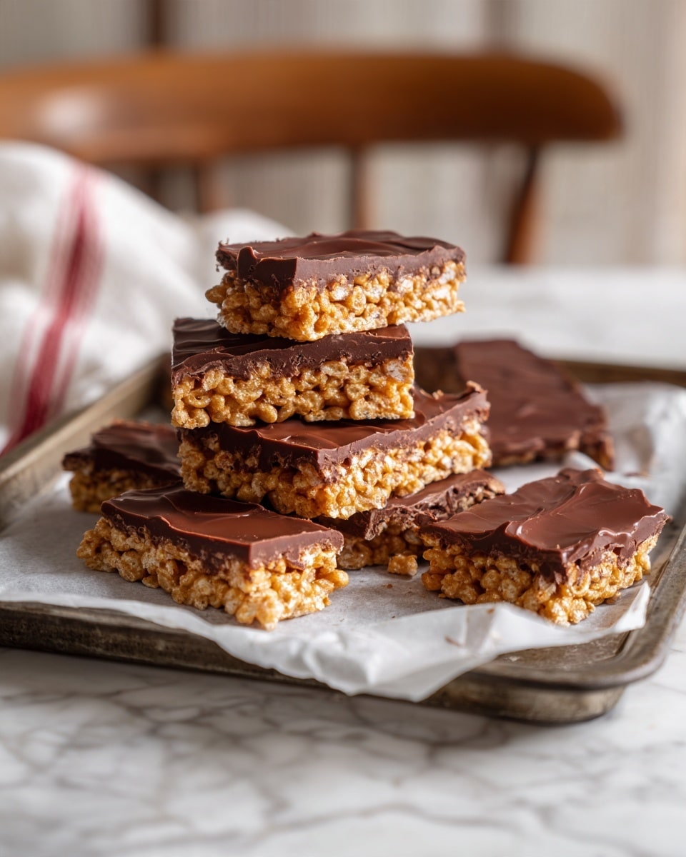 A pile of broken chocolate candy bark sits on a metal tray lined with parchment paper. The candy bark layers show a base of crunchy textured golden caramel and cereal pieces, topped with a thick, slightly glossy layer of dark brown chocolate that has an uneven surface. The chunks are stacked unevenly in multiple layers, some overlapping, with crumbs scattered around. The scene is set on a white marbled surface with a blurred wooden chair and a white and red striped cloth in the background. photo taken with an iphone --ar 4:5 --v 7
