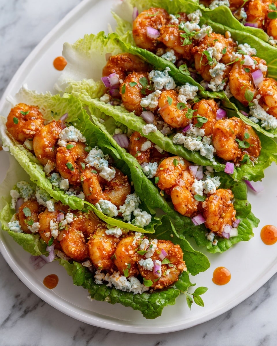 A white plate holds several lettuce wraps arranged in rows. Each wrap consists of a large green lettuce leaf as the base, with three orange grilled shrimp placed on top. Beneath and around the shrimp are thin slices of red onion and light green celery, adding color and texture. Small chunks of creamy blue cheese are scattered around the shrimp, and a bright green celery leaf sits atop one wrap as garnish. The plate is set on a white marbled surface. photo taken with an iphone --ar 4:5 --v 7