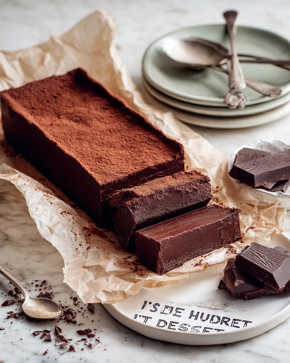 A dark brown, smooth textured chocolate dessert with a slightly shiny, crisp top layer is placed on crinkled parchment paper. Several slices are cut from the middle, showing a rich, creamy, and dense interior of a lighter brown shade. The dessert rests on a white marbled surface. Next to it, there is a vintage silver flat serving spoon with