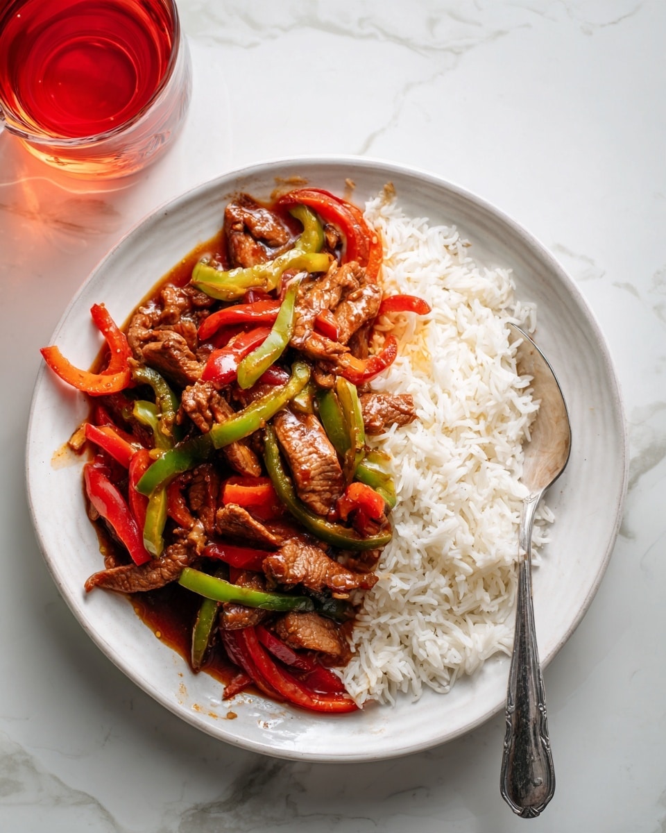 The dish shows a white plate on a white marbled surface with a layer of plain white rice covering most of the right side. On top of the rice and spread over the left and center parts of the plate is a mix of beef strips, cooked green and red bell pepper slices, and small bits of garlic in a shiny brown sauce. A spoon with a silver handle rests on the right edge of the plate, touching the rice. The dish looks fresh and colorful, with the brown beef contrasting with the bright peppers and white rice. A partial view of a glass with a red liquid on a white marbled surface is in the top left corner. photo taken with an iphone --ar 4:5 --v 7