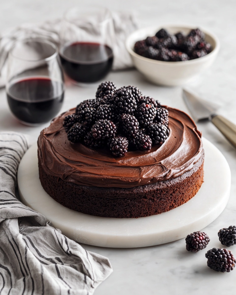 A round chocolate cake with one thick layer of smooth, swirled chocolate frosting covers the whole surface; on top, a small pile of fresh blackberries is placed in the center, showing their dark purple, bumpy texture. The cake sits on a white plate that is set on a white marbled surface. Around the cake are two glasses filled with dark red wine, a small white bowl of blackberries to the side, a grey cloth with black stripes, and a silver cake server near the corner. The photo taken with an iphone --ar 4:5 --v 7