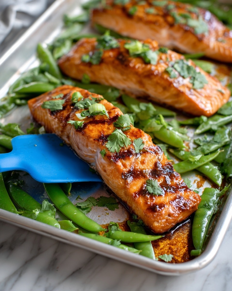 Three pieces of cooked salmon fillets with a shiny orange glaze and slight char marks are placed on a metal tray. The salmon pieces are garnished with green chopped scallions and cilantro leaves. Around the salmon, bright green snap peas fill the space, some with a glossy look and others slightly blistered. A blue spatula is lifting one salmon piece from the tray, resting on the right side. The background surface is a white marbled texture. photo taken with an iphone --ar 4:5 --v 7