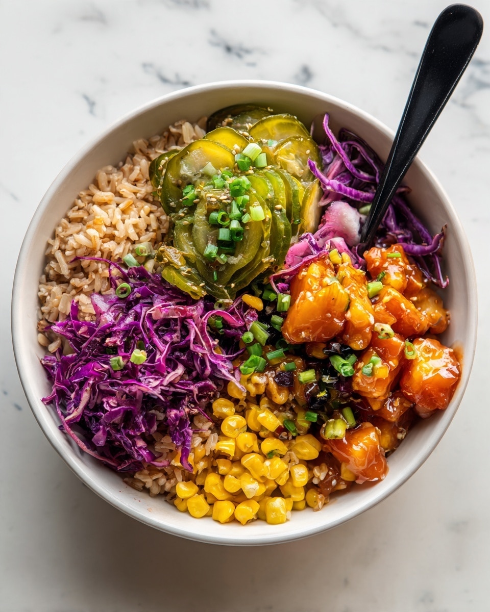 A white bowl filled with four sections of colorful food on a white marbled surface. The first section contains cooked brown rice mixed with corn and sprinkled with green onion slices. Next to it, there are thin, long slices of green pickles. The third section shows a bright mix of shredded purple cabbage and thin orange carrot strips, topped with a few green onion rings. The last section has chunky orange pieces of cooked chicken mixed with black beans and garnished with green onion. A black fork is placed over the cabbage and chicken area, with bits of cabbage on its prongs. The whole bowl has drizzles of red sauce over the rice and pickle parts. Photo taken with an iphone --ar 4:5 --v 7