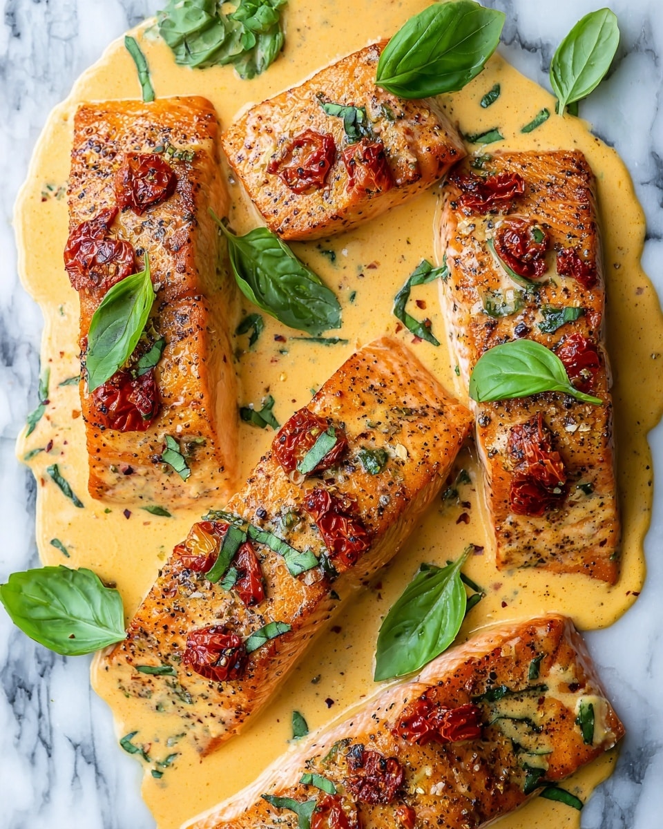 The image shows four cooked salmon fillets closely placed in a creamy, light orange sauce filled with small chunks of garlic, herbs, and bits of red pepper. Each fillet has a golden brown seared top and is partially covered by the sauce, which has a smooth and slightly thick texture. There are bright green basil leaves scattered on and around the fillets, adding a fresh color contrast. The dish is shown on a surface with a white marbled texture, giving a clean and elegant look. photo taken with an iphone --ar 4:5 --v 7