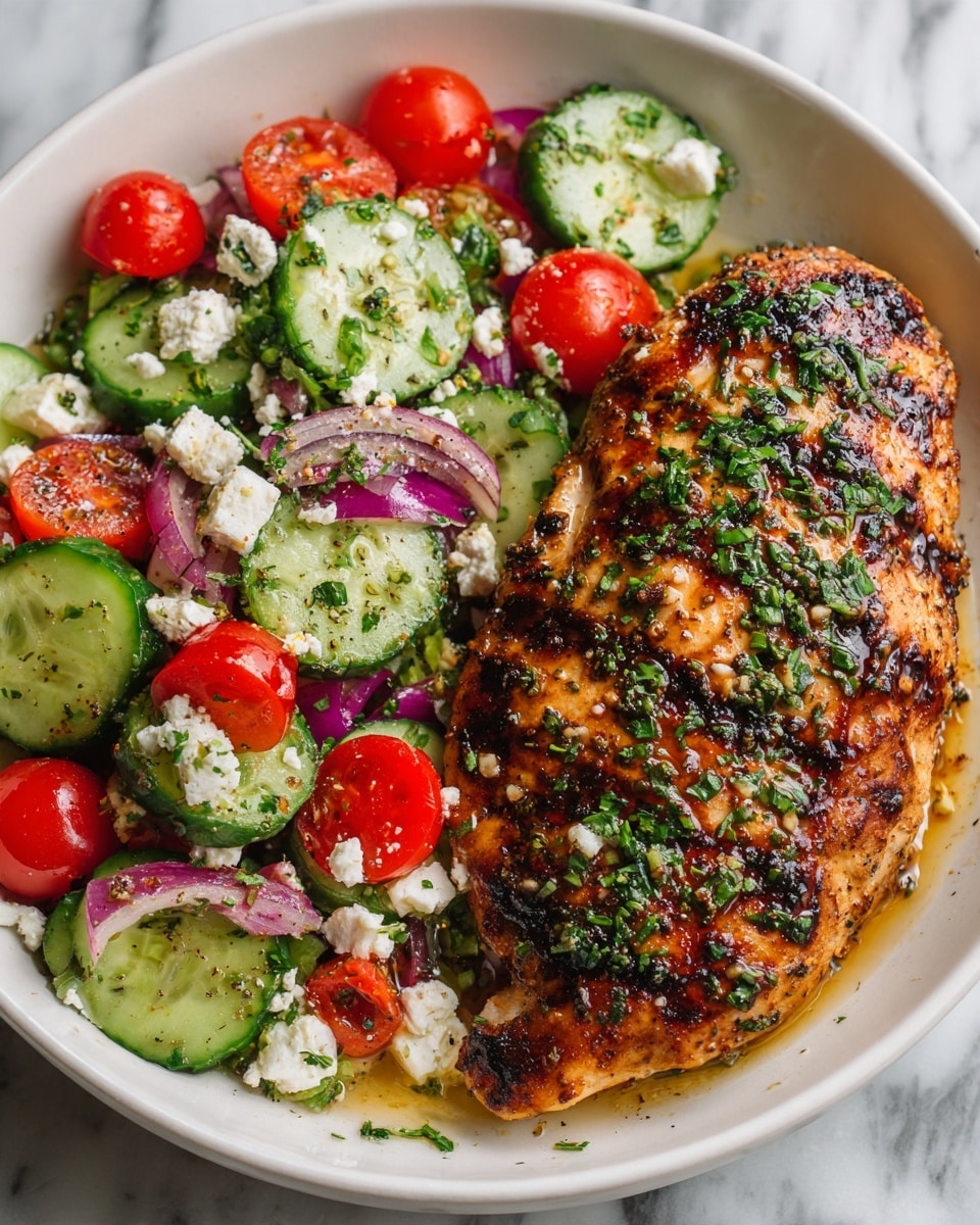 The dish shows a white plate on a white marbled surface, with three main layers. The first layer at the bottom is a salad made of chopped green zucchini with a soft texture, bright red cherry tomato halves, chunks of purple-red onion, and small white cheese pieces, all lightly sprinkled with green herbs and spices. The second layer is a thick, golden-brown grilled chicken piece with visible char marks and a slightly crisp texture, resting on the salad. The chicken is also sprinkled with finely chopped green herbs. The photo is taken close up with shallow focus, highlighting the textures and colors beautifully, giving a fresh and tasty look. Photo taken with an iphone --ar 4:5 --v 7