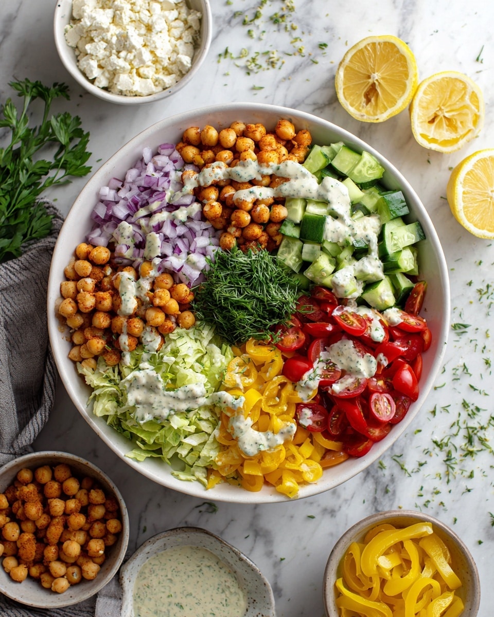 A large white bowl filled with a mixed salad of chopped green lettuce, small red cherry tomatoes, light orange carrot pieces, white chickpeas, and bits of purple onion, all tossed together and drizzled with a creamy dressing. The salad is garnished with some crunchy golden-brown pita chips on top. A metal spoon and fork rest inside the bowl. Surrounding the main bowl on the white marbled surface are a small blue bowl of whole chickpeas, a small white bowl holding two bright yellow pepper pieces, a small brown bowl with white crumbly cheese, a small white bowl with creamy herb dressing and a spoon inside, two lemon wedges, and some fresh parsley. The whole setup is neat and brightly lit. Photo taken with an iphone --ar 4:5 --v 7