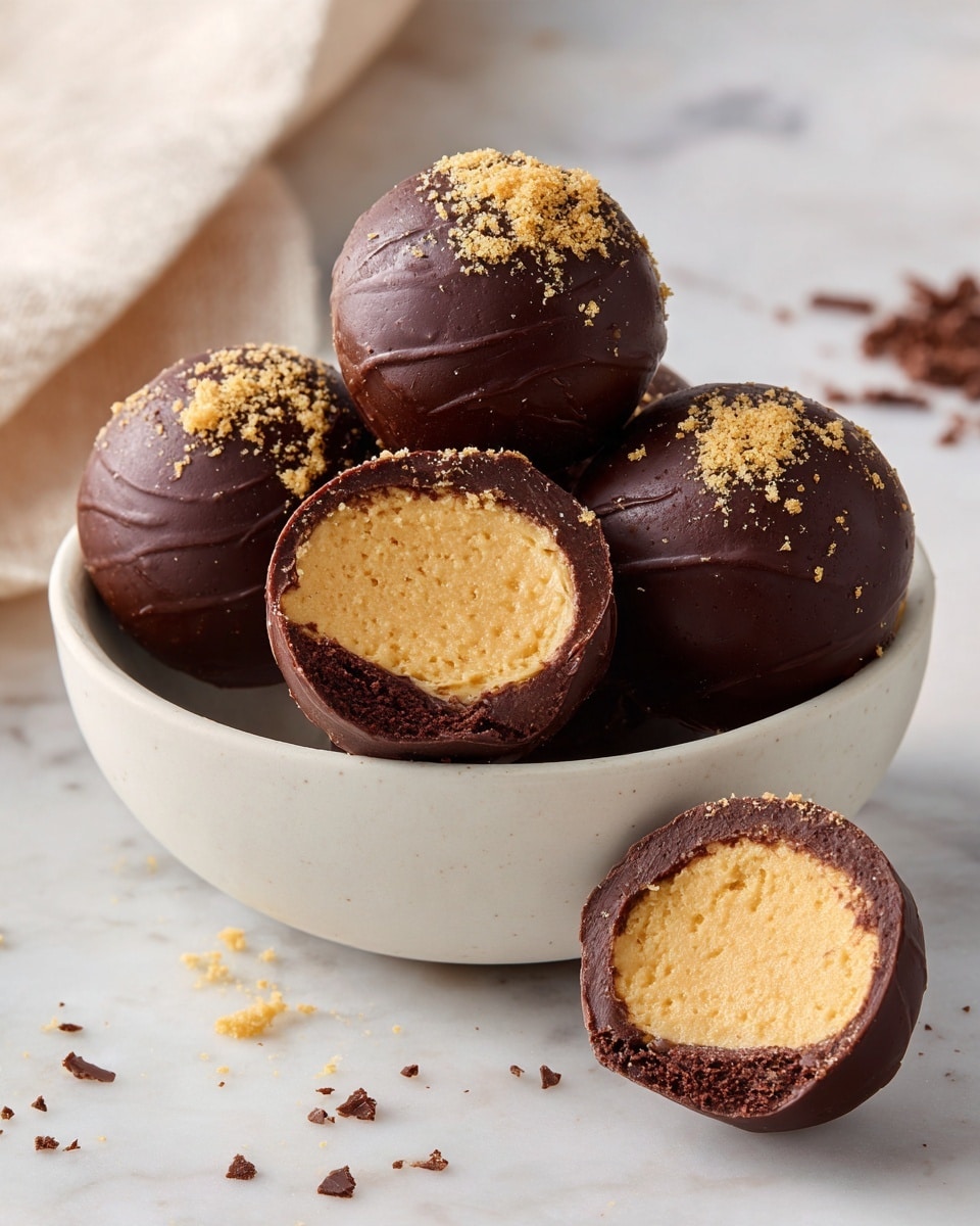 A white bowl filled with four round chocolate-covered balls is shown from above. Three of the balls have a smooth dark brown chocolate outer layer with some light brown powder sprinkled on top. One ball is cut in half, showing a thick, creamy light beige filling inside and a thin chocolate shell surrounding it. The bowl sits on a white marbled surface with a few scattered chocolate chips and light brown crumbs around it. photo taken with an iphone --ar 4:5 --v 7