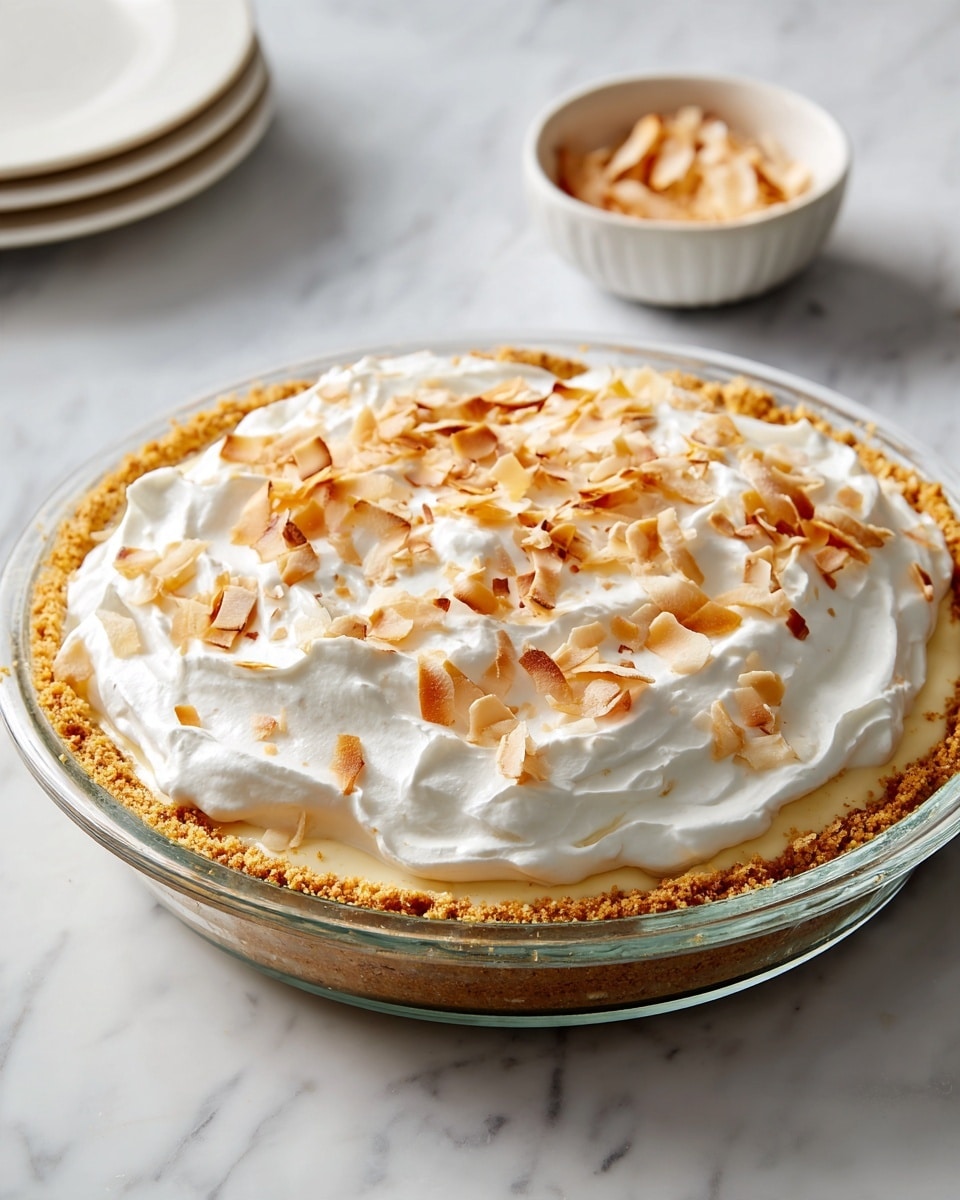 A dessert pie features three layers inside a clear glass pie dish on a black wire cooling rack over a white marbled surface. The bottom layer is a light brown crumb crust with a coarse, grainy texture, forming a sturdy base and rim. Above the crust is a smooth, creamy light beige filling, topped by a thick, fluffy white whipped cream layer that spreads unevenly with soft peaks. Toasted light brown coconut flakes are scattered generously over the whipped cream, adding texture and a warm contrast in color. There is a white ceramic bowl with more toasted flakes in the top right corner and a white textured cloth partially visible at the bottom right. photo taken with an iphone --ar 4:5 --v 7