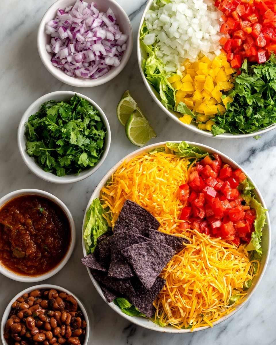 Two white bowls filled with vegetarian taco salad sit on a white marbled surface. Each bowl has five distinct layers arranged in sections: bright red diced tomatoes, orange shredded cheese, white chopped onions, deep purple crushed tortilla chips, and green chopped cilantro. A lime wedge rests on the edge of both bowls. Nearby, there is a small white bowl with dark red salsa and another small white bowl filled with green chopped cilantro. The scene is bright and colorful, showing fresh and neatly arranged ingredients. photo taken with an iphone --ar 4:5 --v 7