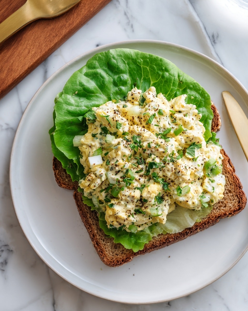 A white plate holds a sandwich made with one slice of multigrain bread as the base layer. On top of the bread is a large, bright green leaf of lettuce, fully covering the bread and adding a fresh texture. Above the lettuce lies a thick layer of chunky, creamy egg salad mixed with small pieces of green herbs and light seasoning with visible black pepper sprinkled on top. The overall colors are earthy and fresh, with the creamy yellow and white of the egg salad contrasting with the green lettuce and brown bread. The plate rests on a white marbled surface next to a wooden board. Photo taken with an iphone --ar 4:5 --v 7