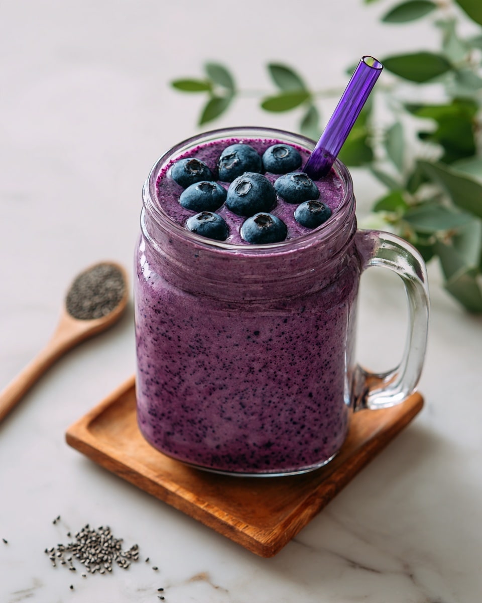 A glass jar filled with a thick, bright purple smoothie topped with five whole blueberries on the surface. A metal straw is placed inside the jar on the right side. The jar is set on a small wooden square coaster, all placed on a white marbled surface with some green leaves partly visible on the top right corner and a blurred container of chia seeds in the bottom left background. photo taken with an iphone --ar 4:5 --v 7