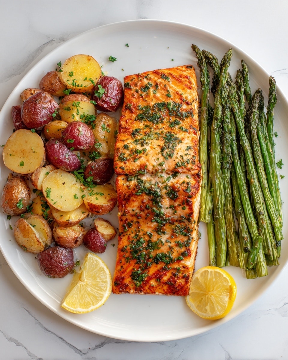 A white plate on a white marbled surface holds a well-arranged meal with three main layers. The bottom layer is a mix of small roasted potatoes in red, yellow, and light brown colors, some halved to show a soft inside, with roasted carrot pieces adding bright orange color and bits of celery for greenish-white accents, all sprinkled with green herbs. The middle layer features two cooked salmon fillets, golden brown with darker grilled marks and covered with chopped green herbs. On the right side, a neat stack of bright green roasted asparagus adds a fresh contrast, accompanied by two lemon wedges, one at the bottom and one near the asparagus. The whole dish looks warm and savory, with small herb pieces spread evenly over the salmon and vegetables photo taken with an iphone --ar 4:5 --v 7