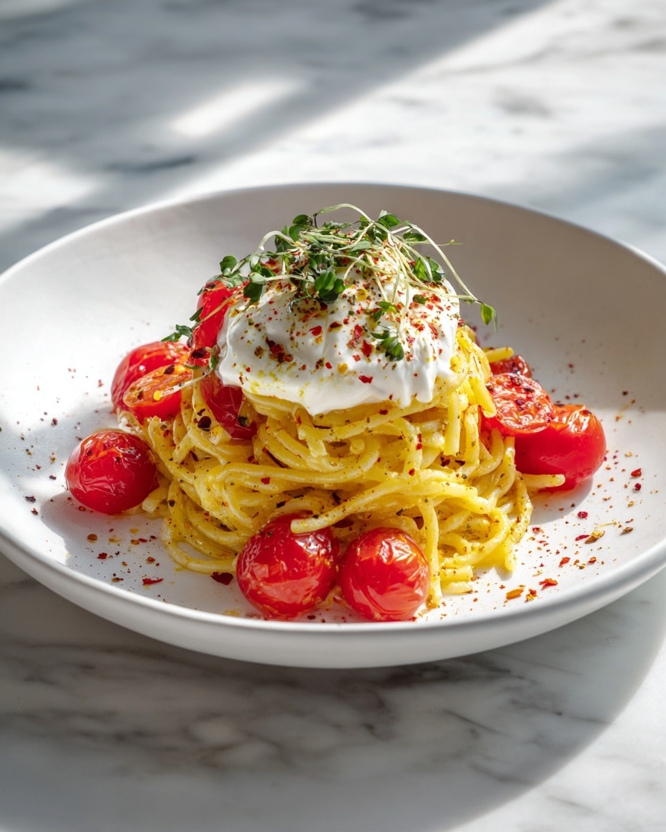 The image shows an arrangement of fresh Italian cooking ingredients on a white marbled surface. At the center, there is a white bowl with smooth white mozzarella balls topped with green basil leaves and some sprinkled herbs. Surrounding this are various items: to the top left, golden dry spaghetti pasta strands; next to it, a bunch of ripe red cherry tomatoes still on the vine. On the top right, a small glass container of golden olive oil and a whole ball of white mozzarella cheese. Below the cheese, a few bright green basil leaves. Nearby, a small wooden bowl filled with grated white cheese. At the bottom left, another bunch of vibrant red cherry tomatoes on a round wooden board. At the bottom right, a white bowl filled with roasted cherry tomatoes, with some tomatoes still attached to a green vine in the bowl. Scattered throughout the scene are small wooden bowls containing dried herbs and coarse salt. The photo taken with an iphone --ar 4:5 --v 7