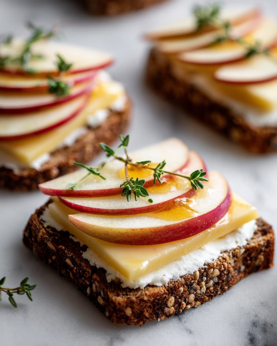 The image shows three slices of toasted rustic bread on a white marbled surface, each topped with a spread of white creamy cheese, a thick pale yellow cheese layer, thin red and white apple slices neatly arranged on top, a drizzle of honey or syrup, a sprinkle of black pepper, and a small sprig of fresh green thyme resting across the apple slices. The toast edges are golden brown and crisp, and the honey glistens under soft lighting, making the toast look fresh and inviting. photo taken with an iphone --ar 4:5 --v 7