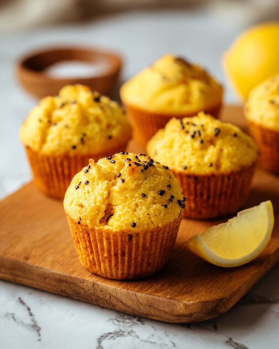The image shows several small yellow mini muffins with black specks, placed on a wooden board. One muffin in the front is broken open with bright red jam spread on the inside lower half. Around the board are lemon slices and a shiny metal butter knife with jam on it. In the background, out of focus, there is a glass jar with dark red jam and a red and white checkered lid. The surface under the board is a white marbled texture photo taken with an iphone --ar 4:5 --v 7