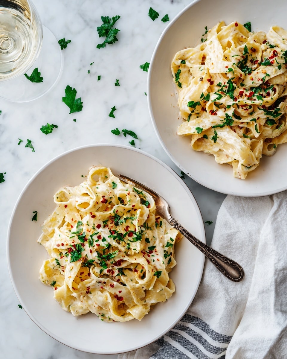 The image shows two white speckled plates of creamy pasta on a white marbled surface. Each plate has a pile of flat noodles covered with thick white sauce, topped with green parsley and small red chili flakes scattered on top. A silver fork is placed on the right side of the top plate, partially under the pasta. Fresh parsley pieces are sprinkled around the plates on the surface. The top right corner shows the bottom of a glass with a pale liquid. A white and gray striped cloth is visible on the left side. photo taken with an iphone --ar 4:5 --v 7