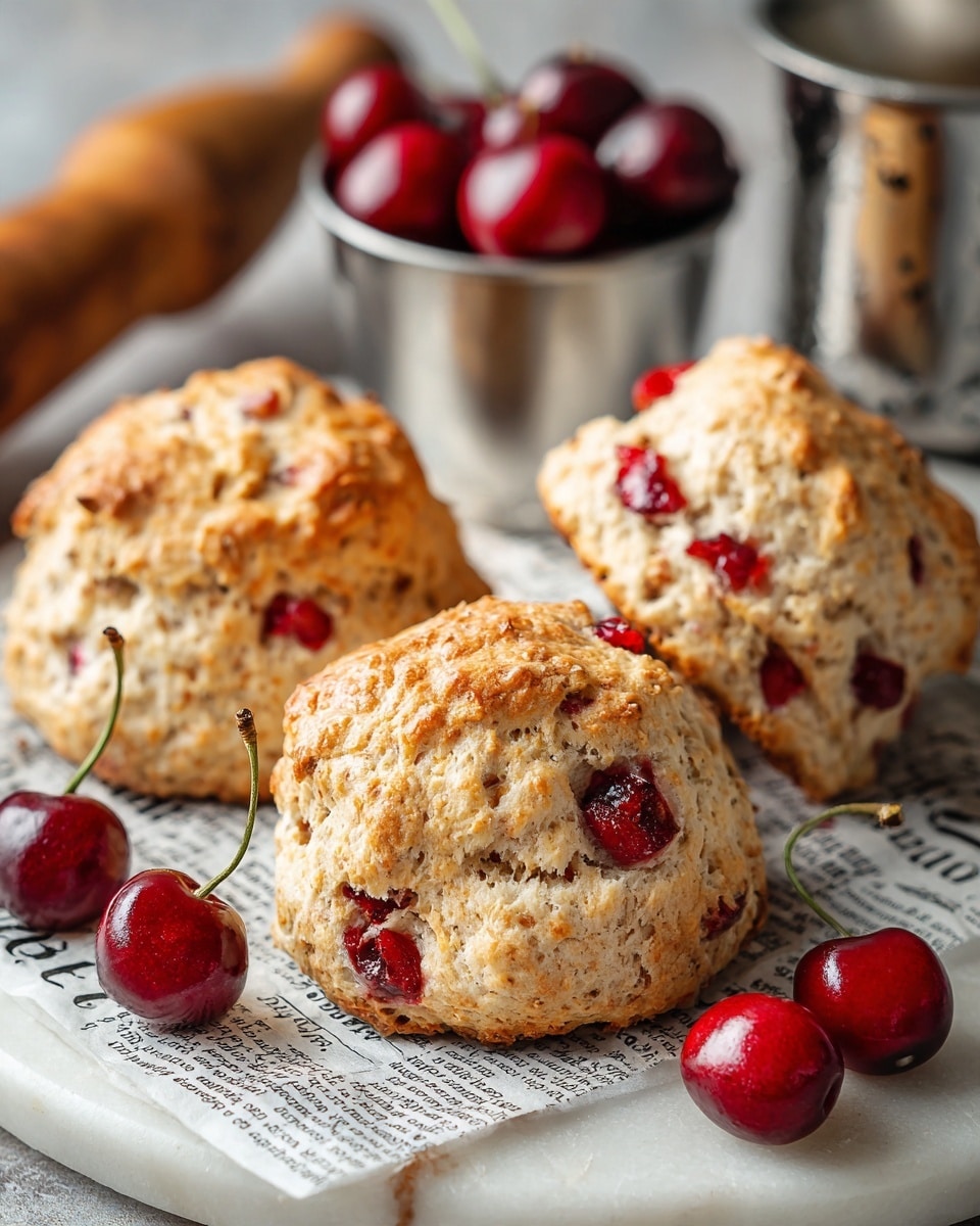 A close-up of a golden-brown scone with a rough, crumbly texture, in the foreground, featuring some bright red cherries baked inside the dough and redness leaking slightly onto the scone. Around it are a few whole fresh cherries, shiny and deep red in color, resting on white marbled texture underneath a piece of newspaper. In the background, two more scones with a similar golden crust and visible cherries are slightly out of focus, with a white bowl filled with more cherries appearing at the top left corner. The overall scene is warm and cozy, with the scones looking soft inside and crisp outside. Photo taken with an iphone --ar 4:5 --v 7