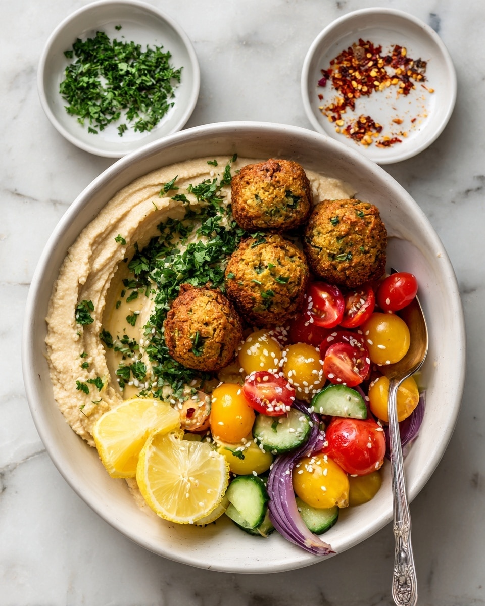 The image shows a metal tray on a white marbled surface holding small white containers with different ingredients. There are seven containers: the top left bowl is filled with light brown chickpeas, the top right container has white onion chunks, the middle right small bowl contains beige garlic paste, the middle left glass bowl holds green fresh herbs, the center bowl has white sesame seeds, the bottom left bowl contains white flour, and the bottom right bowl is divided with brown and reddish spices mixed with salt. A final small bowl at the bottom center holds bright yellow lemon zest. photo taken with an iphone --ar 4:5 --v 7