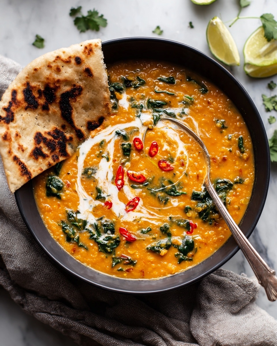 A bowl of thick orange soup with green spinach leaves mixed inside sits on a light gray cloth on a white marbled surface. The soup has a swirl of white cream on top, red chili slices, and chopped green herbs sprinkled over it. A piece of lightly toasted flatbread is placed on the side of the bowl, partially dipped into the soup. A silver spoon is inside the bowl on the right side. In the background, there are some lime wedges and cilantro leaves scattered on the white marbled surface. Photo taken with an iphone --ar 4:5 --v 7