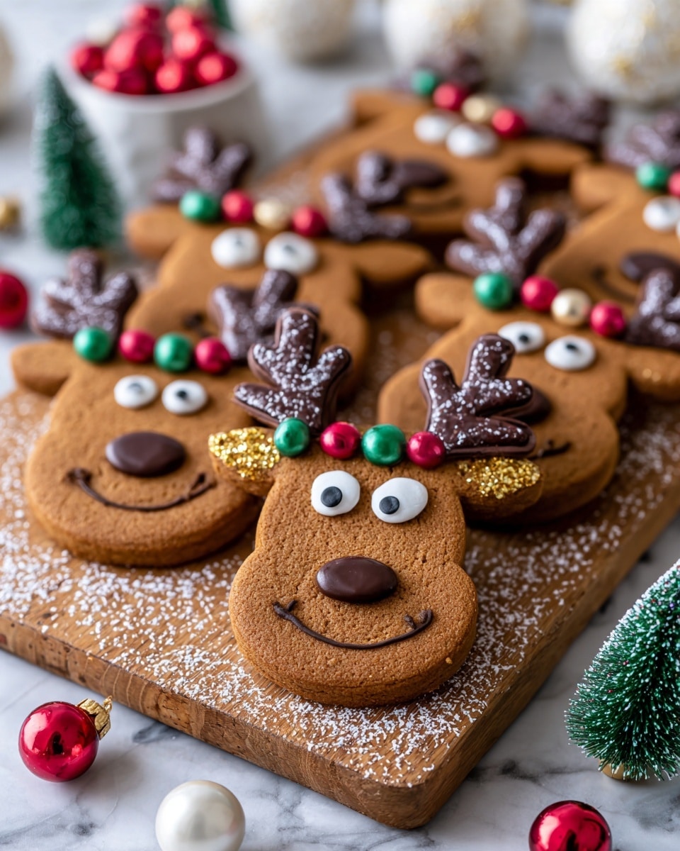 The image shows several reindeer-shaped gingerbread cookies on a wooden board dusted with powdered sugar. Each cookie has one thick layer of brown gingerbread as the base, topped with a smooth, shiny layer of darker brown chocolate forming the reindeer face and ears. The eyes are made from small white candy with black centers, placed near the top of the chocolate layer. The antlers are thin, wavy dark chocolate lines decorated with small round candy balls in green, red, and gold. There is also a faint shimmer powder dusted on the cookies giving a soft golden shine. Around the cookies are Christmas ornaments including glittery gold snowflakes, white round balls with red stripes and dark red glitter, and a small green tree decoration. The surface is a white marbled texture. photo taken with an iphone --ar 4:5 --v 7