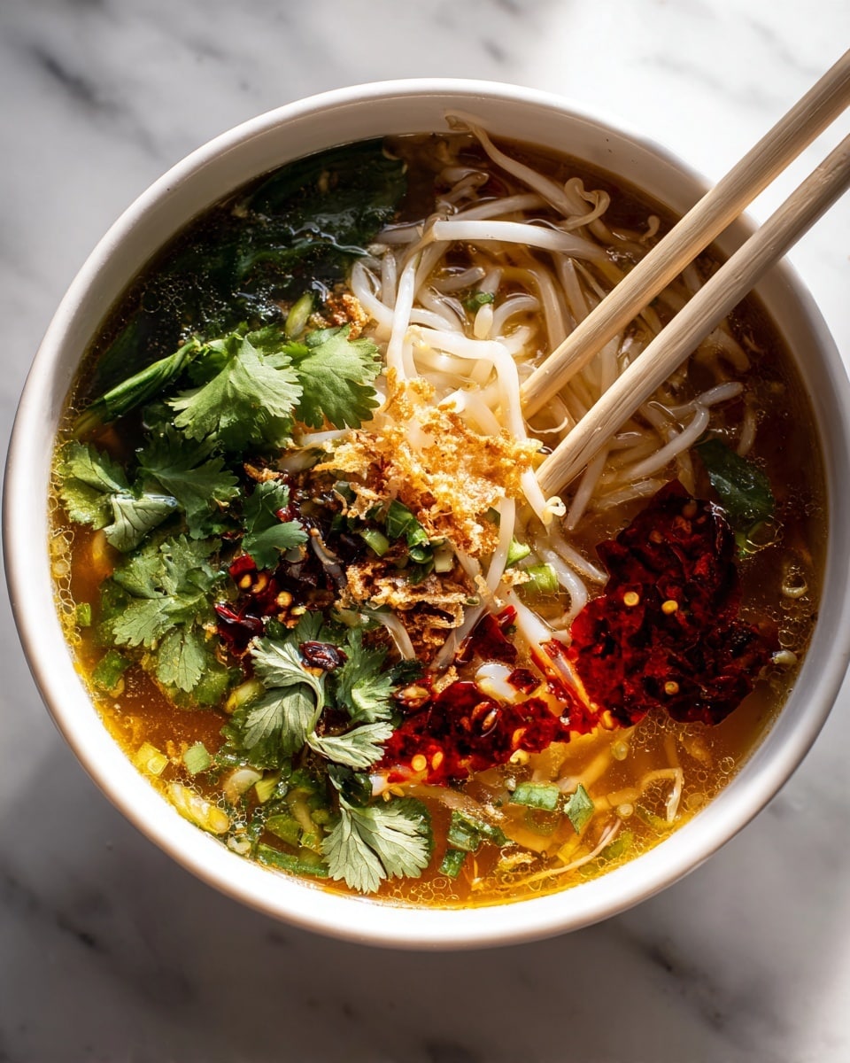 A white bowl filled with clear brown soup showing layers of thin white noodles loosely spread at the bottom, bright green cilantro leaves scattered on top, and small red chili flakes floating throughout the broth. There are also small bits of fried garlic or onions adding texture in the center, and some green onion slices visible under the cilantro. A pair of wooden chopsticks is resting on the edge of the bowl, holding a bunch of noodles slightly lifted out of the soup. The background is a white marbled surface with a small part of a glass spice jar blurred behind. Photo taken with an iphone --ar 4:5 --v 7