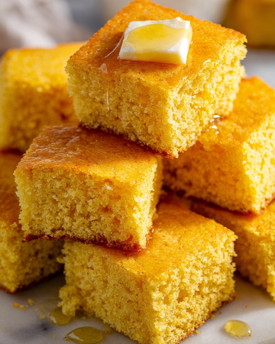 The image shows a close-up of several square pieces of golden yellow cornbread stacked on top of each other. The top piece has a small pat of melted butter in the center with honey or syrup dripping down its sides, creating a shiny, sticky texture. The edges of the cornbread are lightly browned and slightly crispy, while the inside looks soft and crumbly. The cornbread squares are arranged against a white marbled surface. Photo taken with an iphone --ar 4:5 --v 7