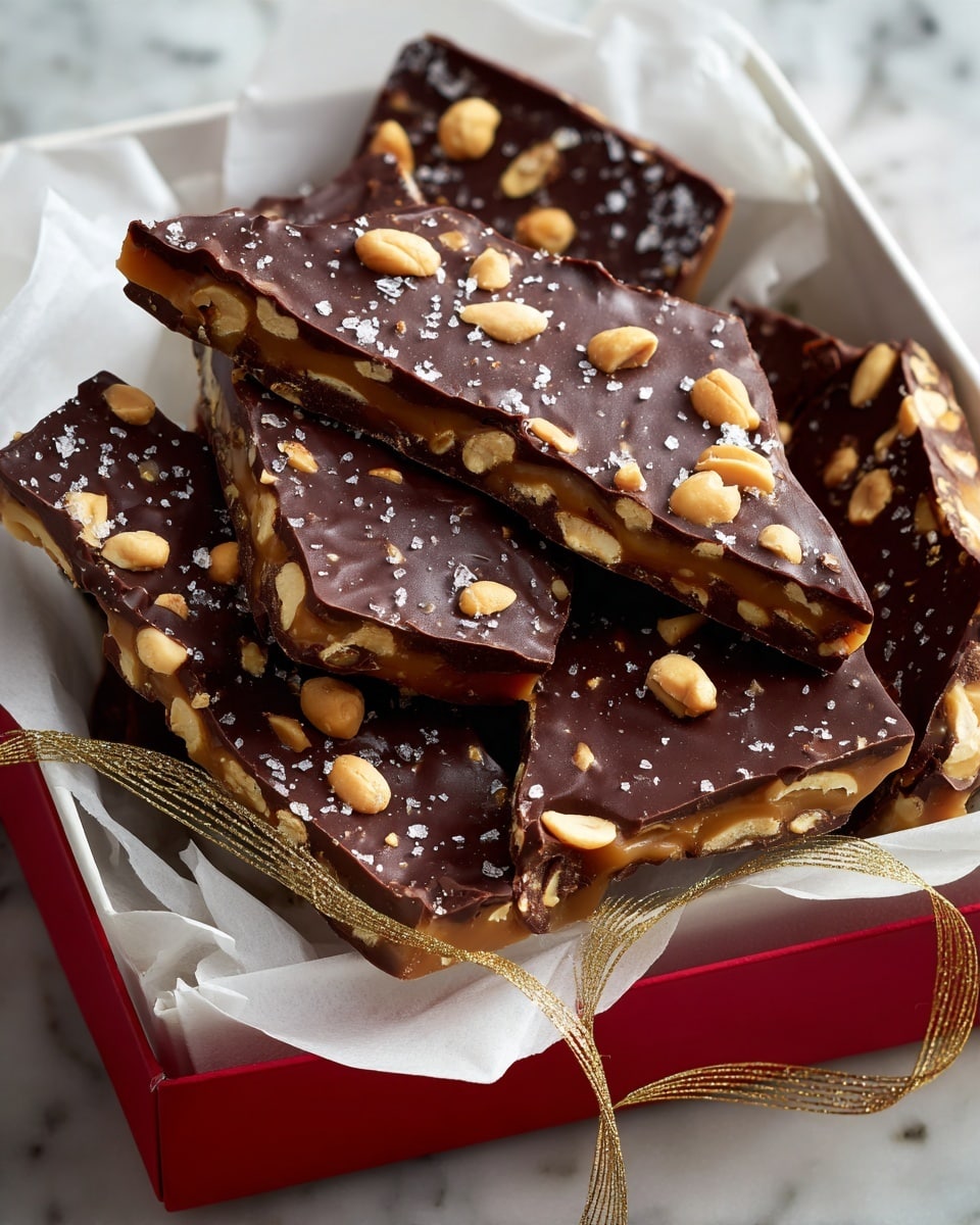 The image shows a white box lined with white paper printed with small red and green designs. Inside the box are many pieces of chocolate bark broken into rectangles and irregular shapes. Each piece has a dark chocolate top layer with whole roasted peanuts scattered on top, and a few pieces show a gooey caramel layer beneath the chocolate. Some pieces are sprinkled with flaky sea salt. A golden-brown ribbon weaves through the chocolate pieces, adding a festive touch. The scene is set on a white marbled surface with red holiday decorations around. Photo taken with an iphone --ar 4:5 --v 7