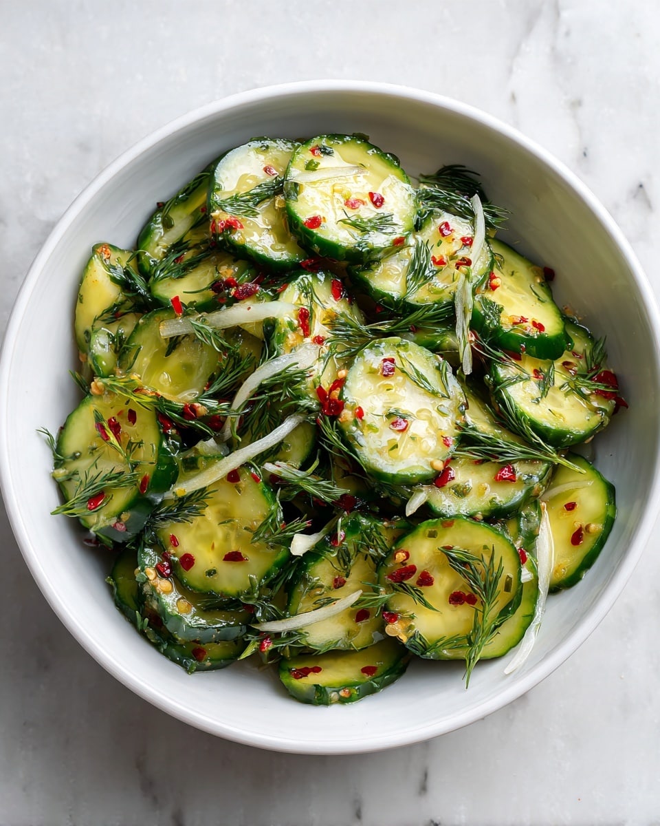 A white bowl holds a fresh cucumber salad with about two layers of thinly sliced, light green cucumbers that have darker green edges. Bright green dill sprigs are scattered on top and mixed in between the cucumber slices. Small red pepper flakes and tiny bits of finely chopped white onion are spread evenly over the salad. The cucumbers look lightly coated in a shiny dressing, giving a fresh and glossy texture. The bowl is placed on a white marbled surface. Photo taken with an iphone --ar 4:5 --v 7