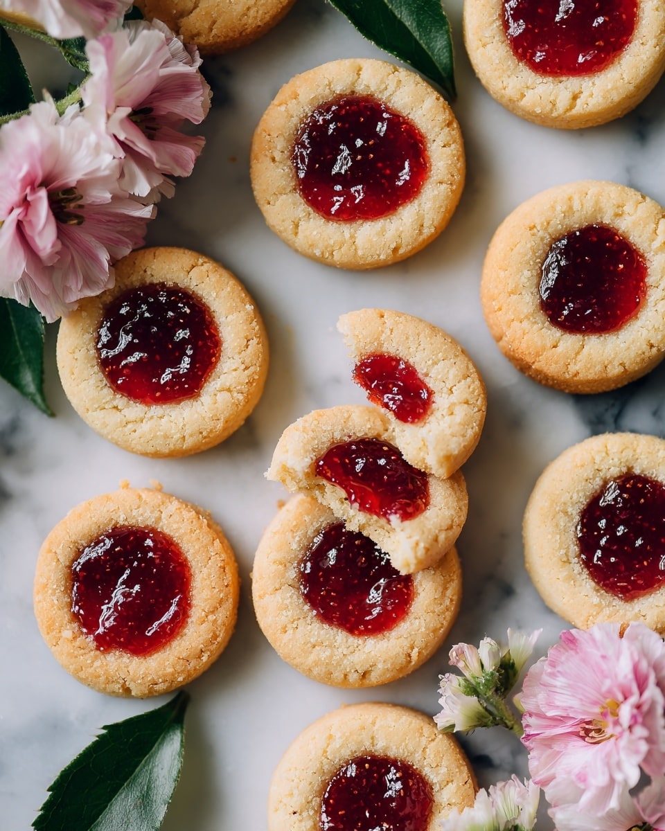A white tray lined with white parchment paper holds a pile of round thumbprint cookies, each having a golden brown edge and a shiny red jam center. The cookies have a soft texture with some bitten pieces showing a crumbly inside. Scattered among the cookies are fresh green leaves and three delicate flowers in white, light pink, and deeper pink colors, adding a gentle touch to the scene. In the background, a blurry dog with light brown fur looks over the tray, creating a warm and cozy feeling. The whole setup is placed on a white marbled surface. photo taken with an iphone --ar 4:5 --v 7