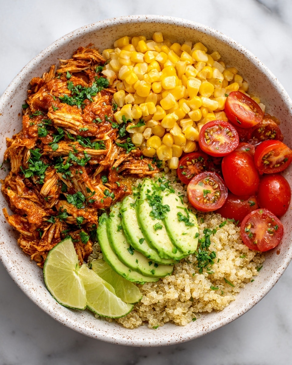 A white bowl contains four main layers arranged in separate sections: shredded brownish grilled chicken topped with small green herb pieces on the left, bright yellow grilled corn kernels at the top, red halved cherry tomatoes on the right, and light tan cooked quinoa sprinkled with chopped green herbs at the bottom. Three pale green avocado slices rest on the quinoa next to a small lime wedge. The bowl sits on a white marbled surface with a white cloth nearby. Photo taken with an iphone --ar 4:5 --v 7