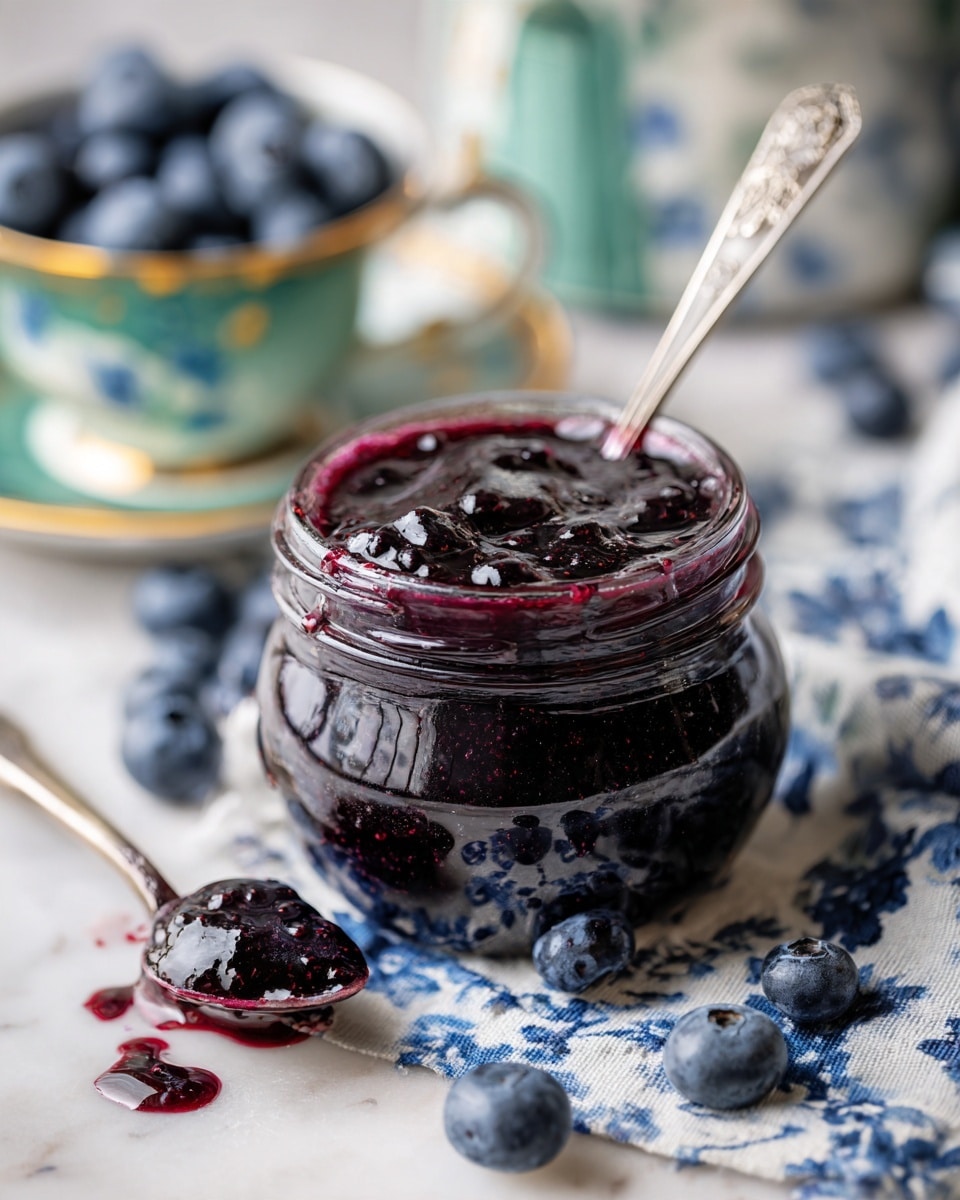 A clear glass jar filled with dark purple jam, showing layers of thick texture inside. Some jam is smeared around the rim, with bright purple streaks running down the sides. A small thin spoon sticks out from the jar, resting inside. To the left, a white plate with colorful patterned edges holds two small pieces of pale yellow bread. The scene is set on a surface with soft blue and white tile patterns, with a window in the blurred background showing green and yellow tones outside. Photo taken with an iphone --ar 4:5 --v 7