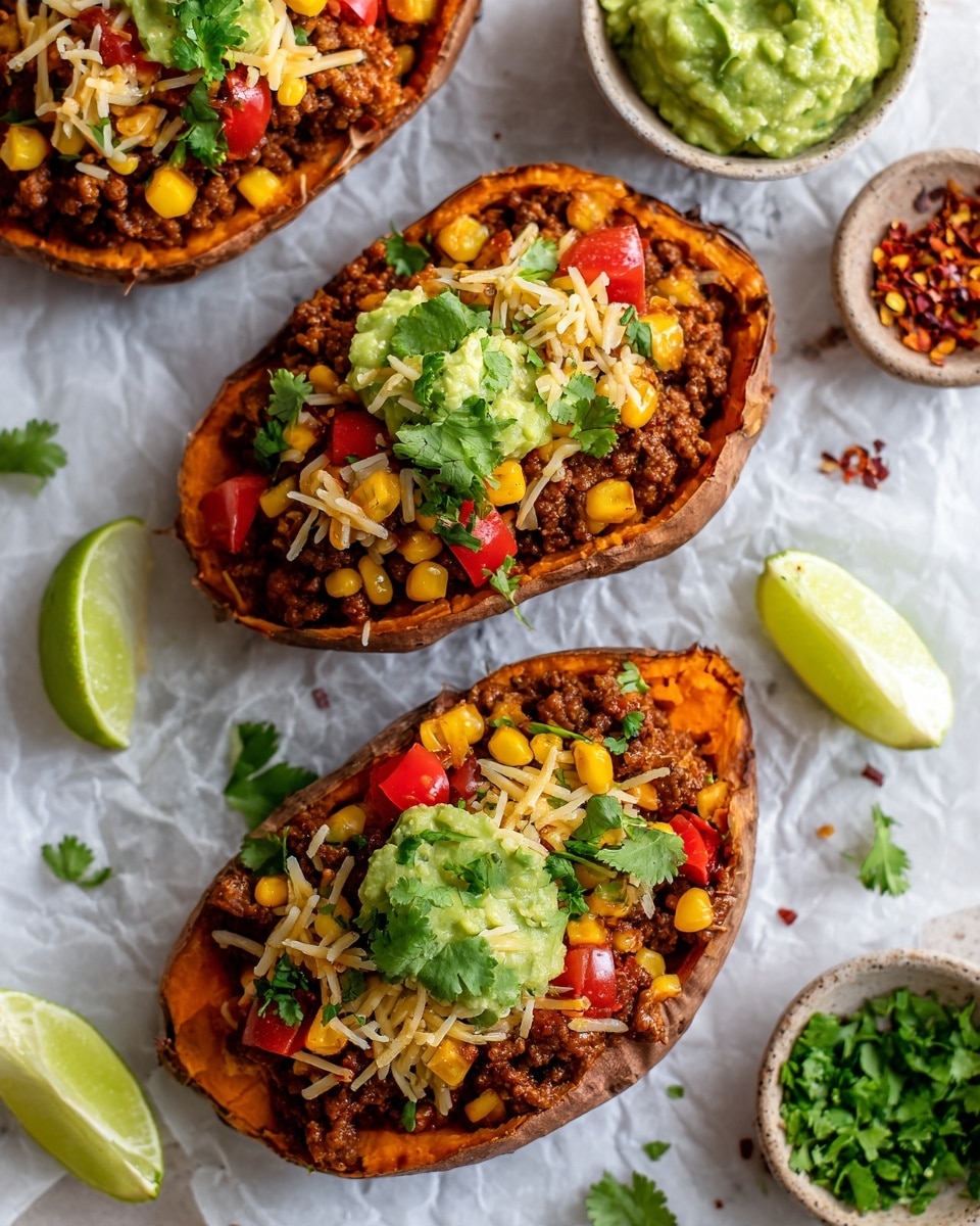 The image shows three large halves of roasted sweet potato with skins on, each topped with different colorful layers. The bottom layer is the bright orange soft sweet potato flesh. On the sweet potato flesh, there is a layer of dark brown cooked ground meat mixed with yellow corn kernels and small red tomato pieces. One potato half is topped with a creamy pale green guacamole layer, while the others have sprinkled shredded light yellow and white cheese and chopped green cilantro leaves. The white marbled background is scattered with bits of cilantro, cheese, and red chili flakes. A lime wedge and small bowls of green cilantro and red chili flakes are partly visible around the edges. photo taken with an iphone --ar 4:5 --v 7
