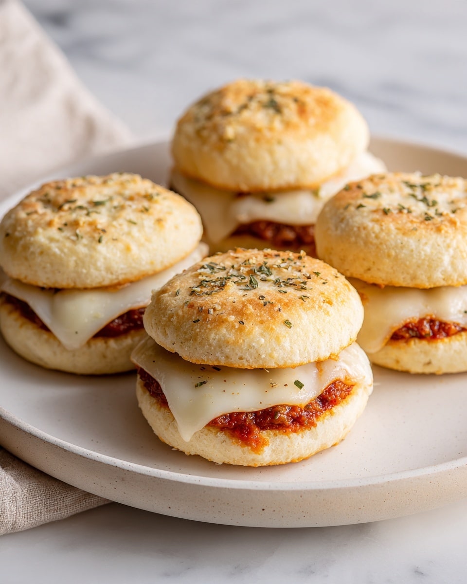 The image shows five small sandwiches on a white plate placed on a white marbled surface. Each sandwich has three layers: the top layer is a light golden brown biscuit with a soft, flaky texture and a sprinkling of herbs and grated cheese on top. The middle layer is a bright red tomato sauce with a piece of melted white cheese over it, slightly melted and soft. The bottom layer is a light, fluffy biscuit that matches the top one in color and texture. The sandwiches are arranged close to each other, showing the layers clearly. Photo taken with an iphone --ar 4:5 --v 7