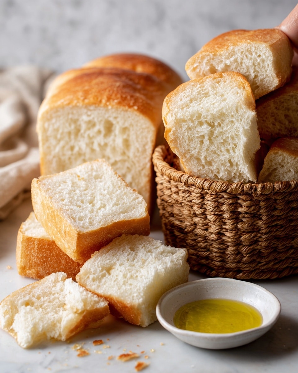The image shows a loaf of white bread with a soft, light golden crust and a fluffy white inside, sitting in a brown woven basket. In front of the basket, there are several pieces of torn bread with a soft texture and crust visible, scattered casually on a white marbled surface. To the left, a white plate holds olive oil with bits of bread dipped in it. In the background, a dark bottle and a grey cloth add a muted touch to the scene. The whole setup has a warm, cozy feel, all on a white marbled surface. photo taken with an iphone --ar 4:5 --v 7