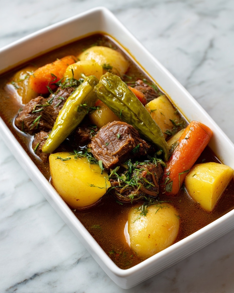 A white rectangular dish filled with a stew showing three main layers: shredded brown meat strands spread throughout the dish; mixed chunks of light yellow potato pieces and bright orange carrot pieces scattered evenly; and whole yellow-green peppers placed on top along with a sprinkle of green herbs over everything. The stew is covered in a glossy brown gravy. The dish sits on a white marbled surface. photo taken with an iphone --ar 4:5 --v 7