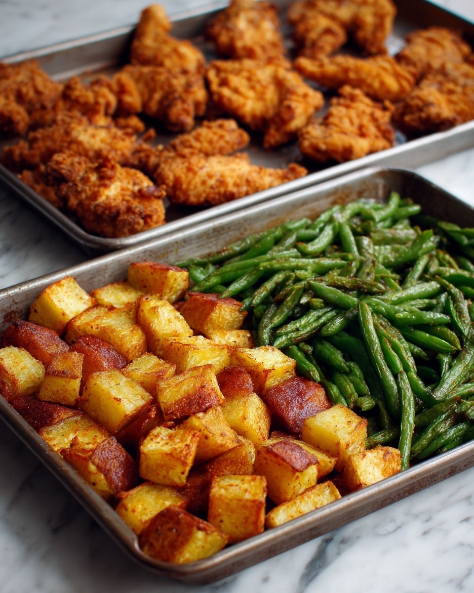 The image shows two baking trays with cooked food on a white marbled surface. The front tray is divided into two parts: the left side has golden-brown, crispy potato cubes with red skin, and the right side has bright green, cooked green beans cut into pieces. The tray behind it contains several pieces of golden-brown fried chicken with a crunchy texture, arranged loosely across the tray. There is slight steam rising from the food, showing it is hot. The photo taken with an iphone --ar 4:5 --v 7