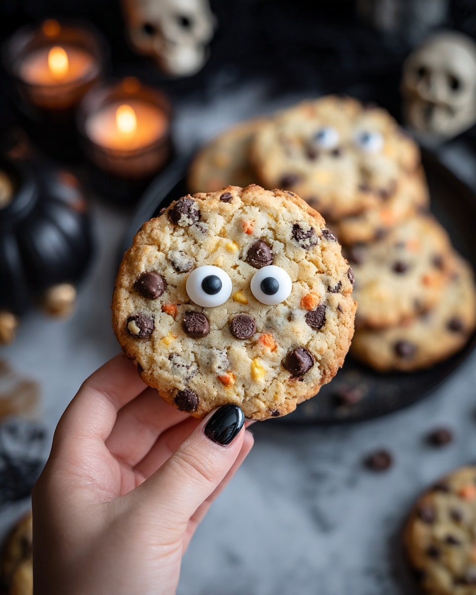 A woman’s hand holds a round cookie with a light brown base, filled with dark chocolate chips and small orange and black bits scattered throughout. The cookie has two small white candy eyes with black centers placed near the top center. In the background, more cookies like this are stacked on a black tray, resting on a white marbled surface. There are two lit cream candles and a skull decoration blurred behind, creating a Halloween theme. Photo taken with an iphone --ar 4:5 --v 7