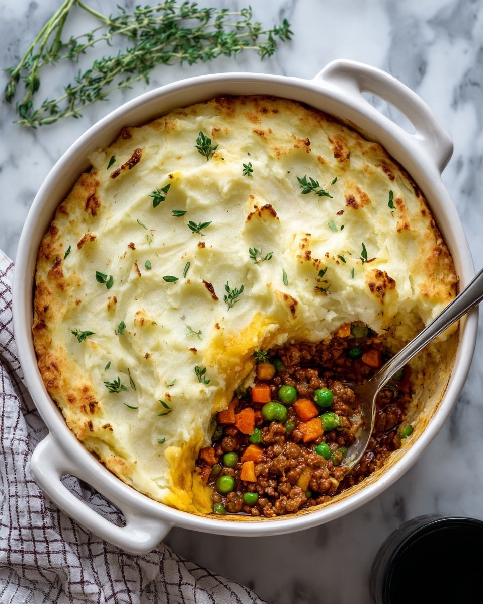 A white round pot filled with two main layers shows a shepherd’s pie. The top layer is thick, smooth white mashed potatoes with a few green herb leaves scattered. The bottom layer is a rich, brown cooked minced meat mix with visible pieces of orange carrot and green peas, slightly glossy from sauce. A silver spoon rests inside, partly dipped into the meat mixture. The pot sits on a white marbled surface, with fresh green herb sprigs and a checkered cloth nearby. Photo taken with an iphone --ar 4:5 --v 7