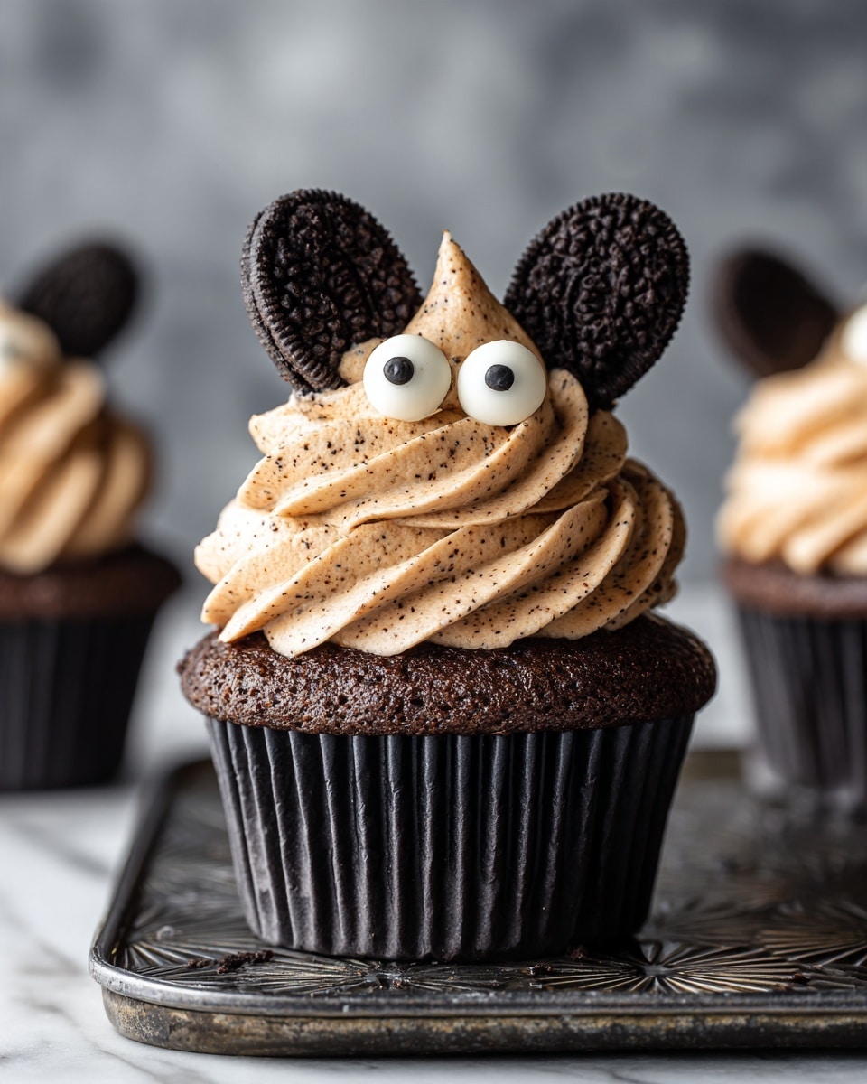 A chocolate cupcake with a dark brown base wrapped in a white liner stands on a detailed black plate. On top, there is a thick swirl of light grayish cream with cookie crumbs mixed in. Two white candy eyes with black centers sit near the top middle of the cream. On each side of the eyes, half of a dark chocolate sandwich cookie is placed like bat wings. The background is a white marbled texture. photo taken with an iphone --ar 4:5 --v 7