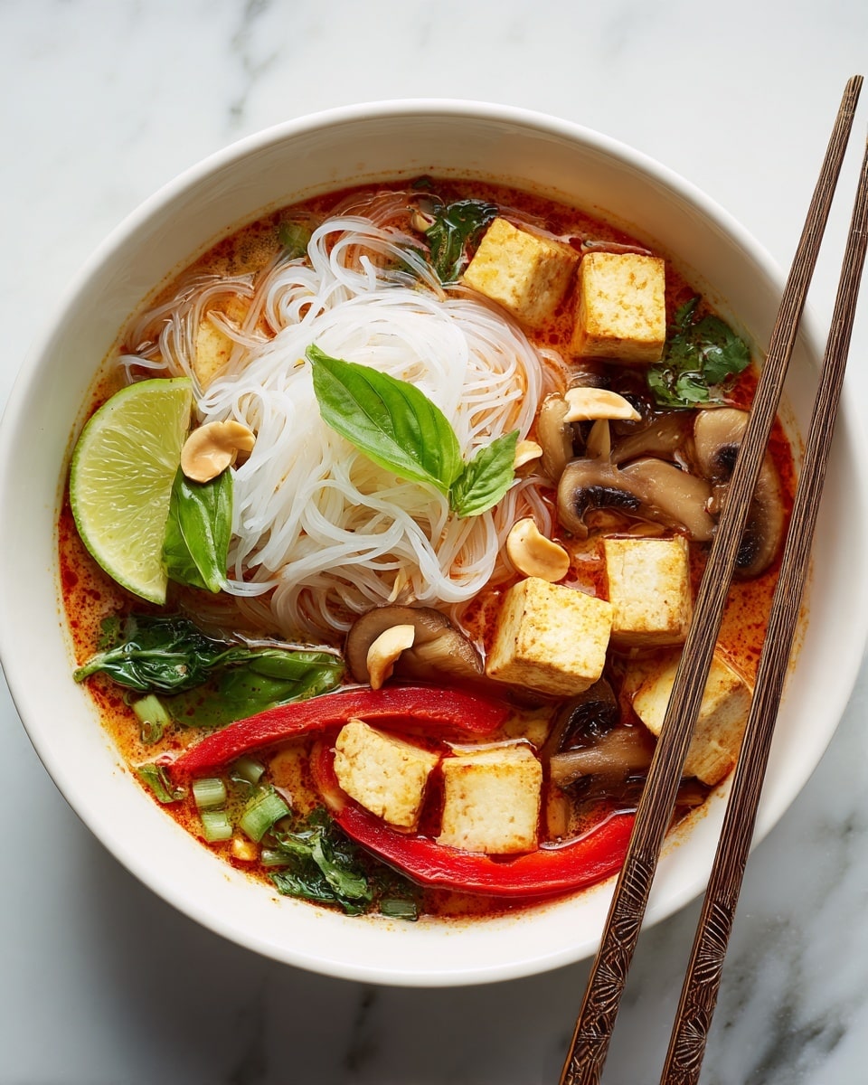 A white bowl filled with a rich, orange-red curry broth, with two neat nests of thin, white rice noodles placed to the left side, topped with fresh green basil leaves. Scattered around the bowl are golden brown chunks of cooked tofu, bright red strips of bell pepper, dark brown mushroom slices, chopped green onions, and spinach pieces floating in the soup. Crushed peanuts are sprinkled on top, and a lime wedge rests on the top right edge of the bowl. A pair of wooden chopsticks rest on the right side of the bowl, framed by a white marbled surface below. photo taken with an iphone --ar 4:5 --v 7