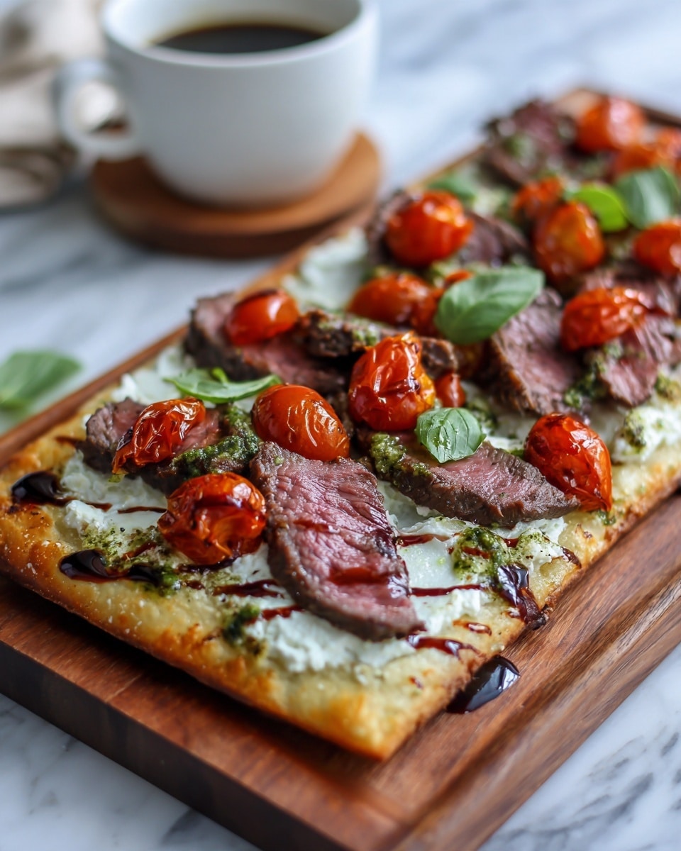 A flat, rectangular pizza slice with a golden-brown crust forms the base layer. On top, there is a smooth, white layer of melted cheese spread across the surface. Next, slices of medium-rare steak with a pink center and a dark, seared edge are arranged in a line. Bright red roasted cherry tomatoes are placed on top of the steak, adding pops of color. Green pesto sauce is drizzled unevenly across the pizza, giving it a fresh, textured look. Small green basil leaves sit on top, adding a finishing touch. The pizza is presented on a wooden cutting board, with a small white bowl of dark dipping sauce visible in the background on a white marbled surface. Photo taken with an iphone --ar 4:5 --v 7