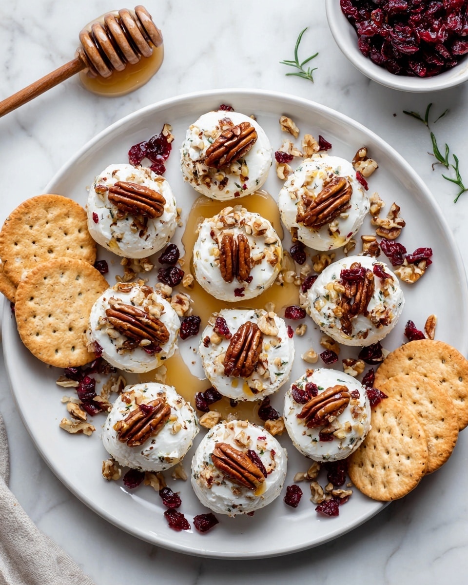 A white plate holds twelve small, round white cheese balls arranged in a loose circle. Each cheese ball is topped with golden honey drizzles, a whole pecan, and small bits of chopped nuts and dried red cranberries. On the left side of the plate, four round crackers with a light golden brown color are stacked overlapping each other. Next to the crackers, a small white bowl contains a mix of dried red cranberries. Scattered around the plate and on the white marbled surface are extra whole pecans, nut pieces, and dried cranberries. The setting includes a honey dipper and a beige cloth in the top left corner, with some red leaves placed around for decoration. photo taken with an iphone --ar 4:5 --v 7
