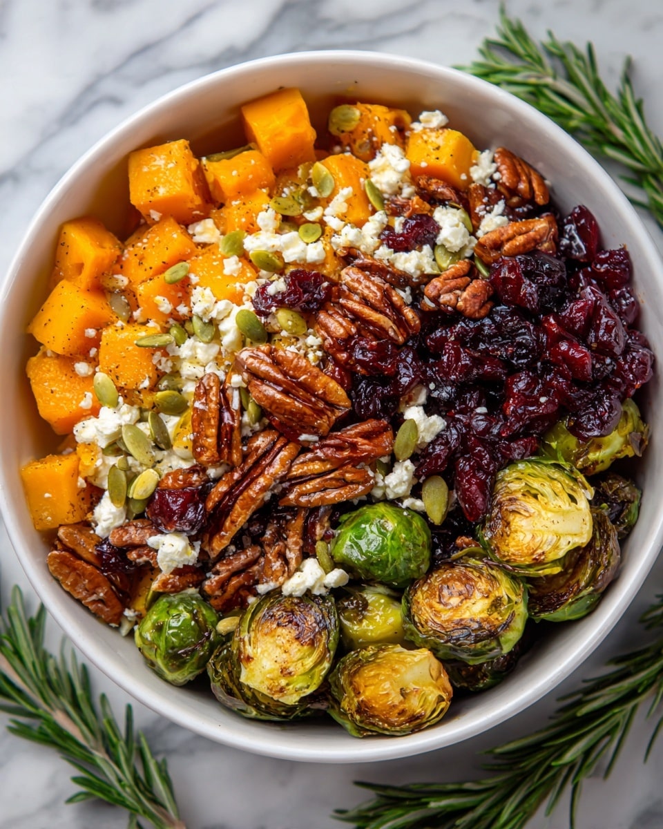A close-up view of a white ceramic bowl filled with a colorful mixture of roasted vegetables and nuts, showing three main layers: bright orange roasted butternut squash cubes with a soft texture, green roasted Brussels sprouts with a slightly crisp and charred outer layer, and deep red dried cranberries scattered throughout. On top of these, there are large, shiny dark brown roasted pecan halves adding texture, small light green pumpkin seeds sprinkled evenly, and crumbled white feta cheese pieces providing a creamy contrast. The bowl sits on a white marbled surface, and a sprig of fresh rosemary lies next to it, adding a touch of green. Photo taken with an iphone --ar 4:5 --v 7